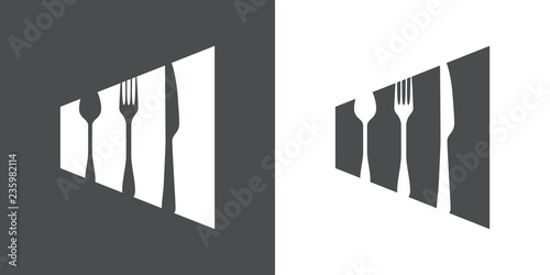 Icono plano con cubiertos en espacio negativo en gris y blanco
