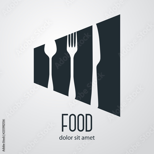 Logotipo con texto Food con cubiertos en espacio negativo en fondo gris