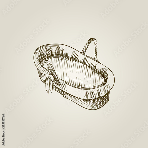 Hand Drawn basket for baby Sketch Symbol isolated on background. Vector of cute newborn things In Vintage Style.
