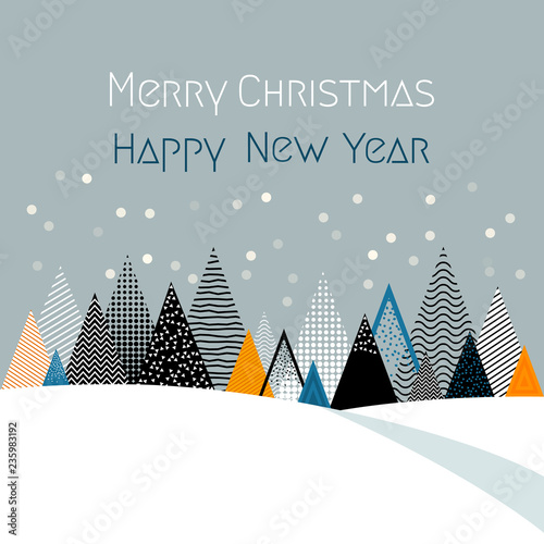 Winter Christmas landscape with stylized Christmas trees. Abstract forest with snowdrifts. The concept of Christmas holidays. flat vector illustration