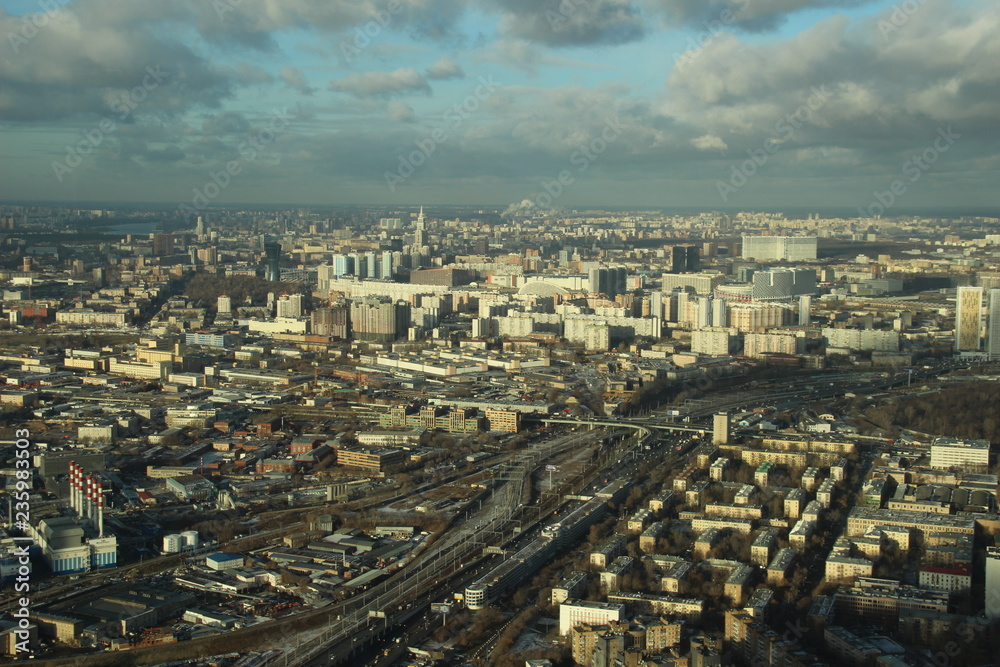 Fototapeta premium Top view on Moscow from city skyscraper in sunny november day