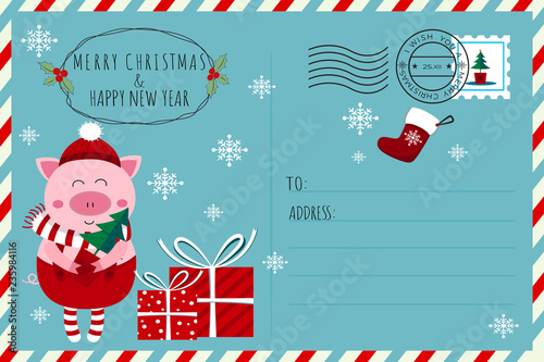 Merry christmas and happy new year postcard.Cute little elf piglet with christmas tree and presents.