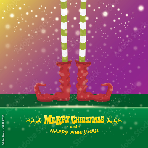 vector creative merry christmas greeting card with cartoon elfs legs, elf shoes and christmas stripped stocking on falling snow in sky. Vector merry christmas background