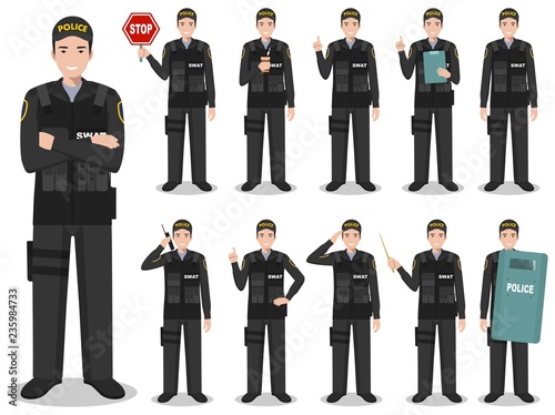 Police people concept. Detailed illustration of american policeman, sheriff, SWAT officer standing in different poses in flat style isolated on white background. Vector illustration.
