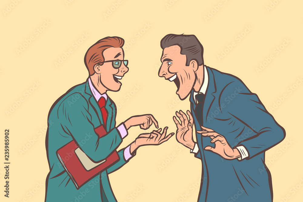 two businessmen talking and laughing. Friends joke two businessmen talking and laughing. Friends joke