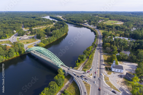 Aerial view of Merrimack River and Tyngsboro Bridge in downtown Tyngsborough, Massachusetts, USA.