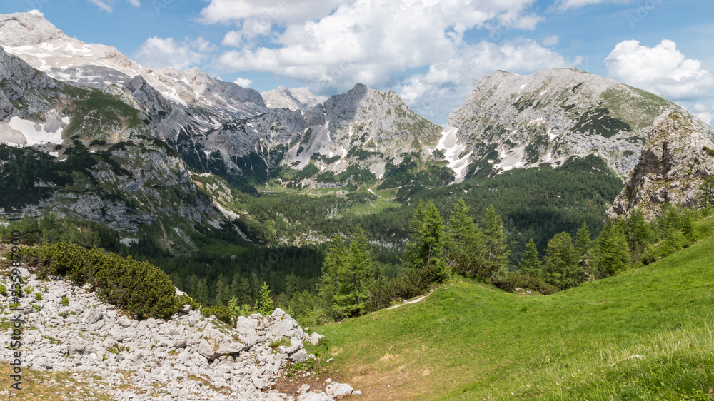 panoramic view of mountain range in Julian Alps, Triglav National Park, Slovenia