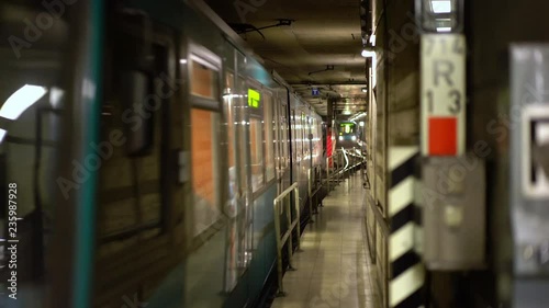 Train entering subway stop in Frankfurt Germany.
 photo