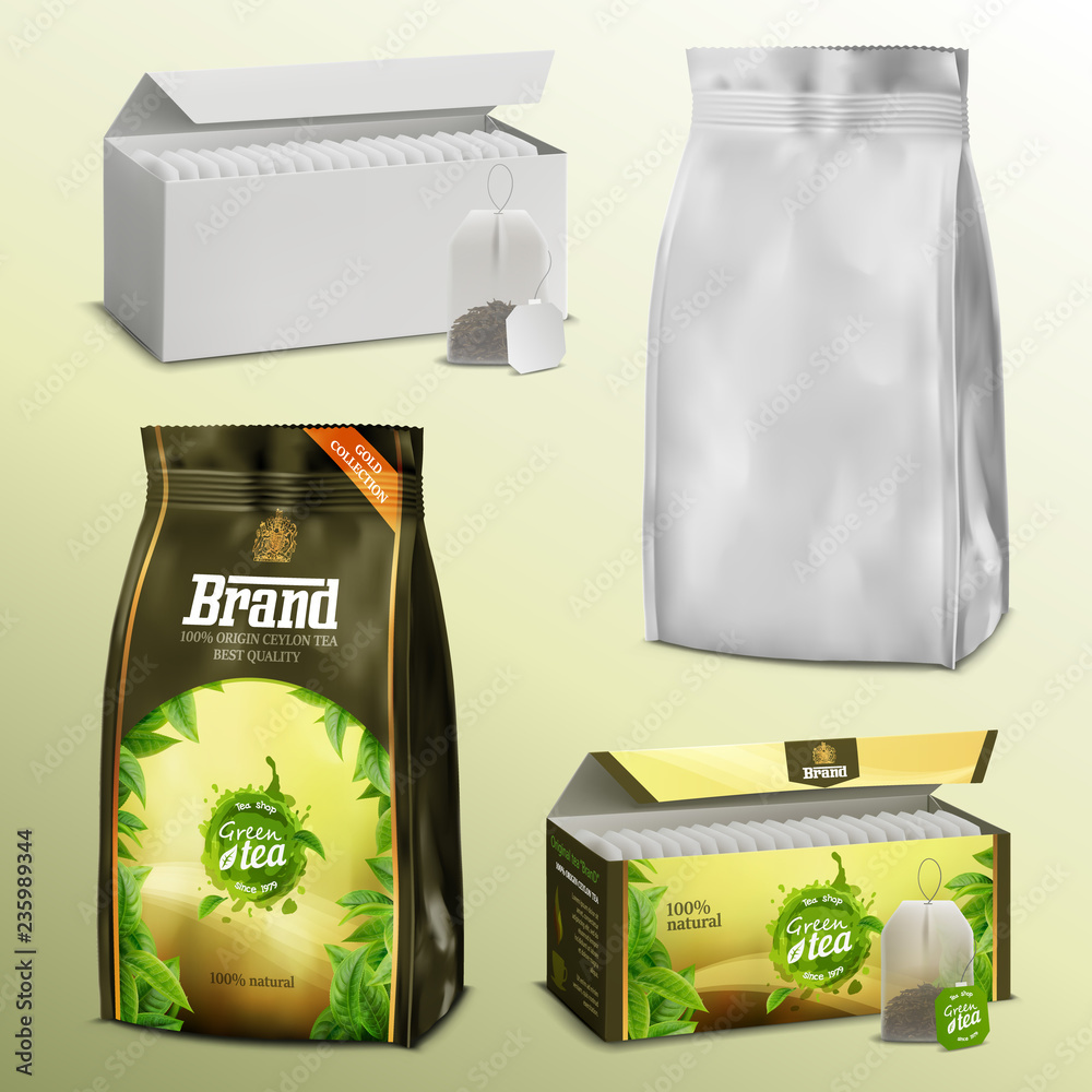 3D realistic set blank white paper tea bags and loose leaves packs boxes and examples with ready