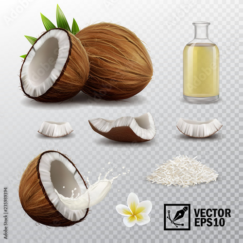 3d realistic vector set of elements (whole coconut, half coconut, coconut chips, splash coconut milk or oil, coconut chips, coconut flower, oil bottle) photo