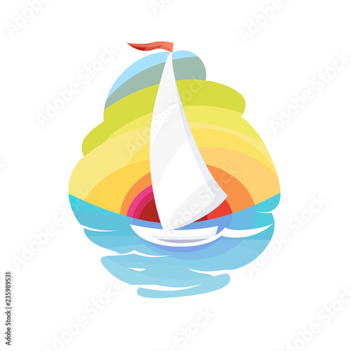 Vector logo yacht in the sea on a rainbow background