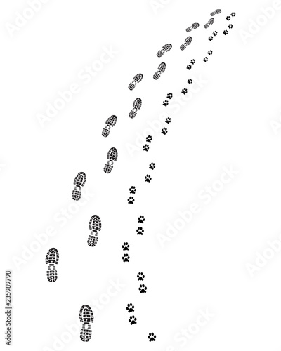 Footprints of man and dog, turn right, vector