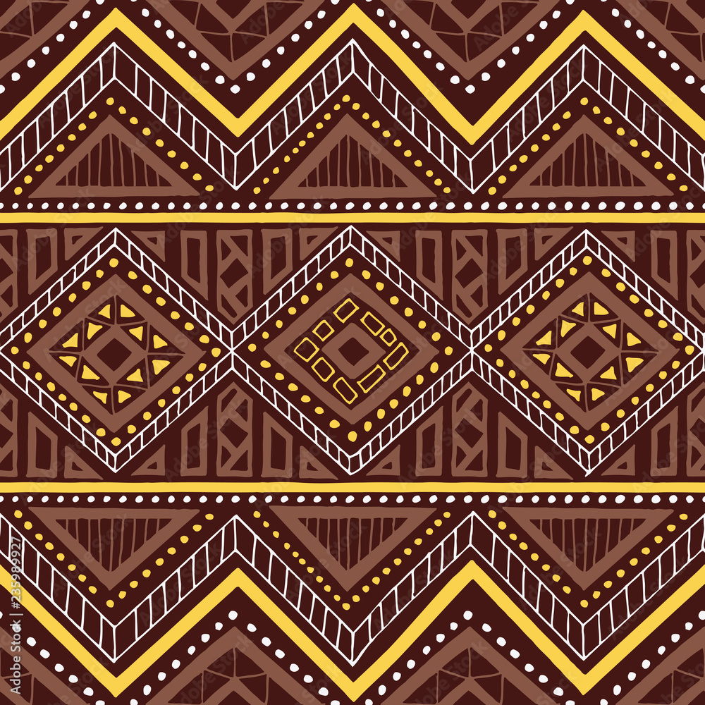 Ethnic seamless pattern. Tribal motifs. Geometric ornament painted by hand. Brown and yellow colors. Vector illustration.