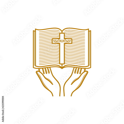Church logo. Christian symbols. Hands hold an open bible and a cross with the crown of thorns of Jesus Christ.