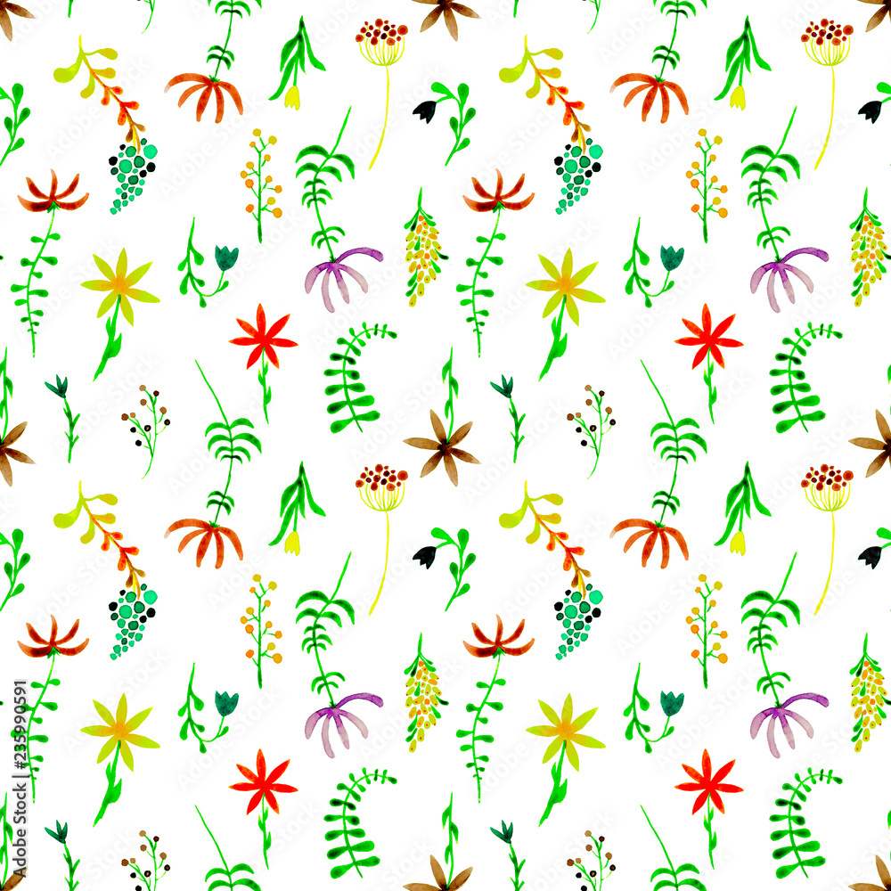 Cute watercolor floral seamless pattern. Green boh