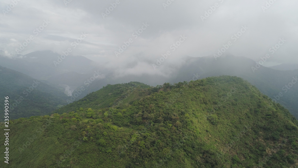 Aerial view of mountains covered forest, trees. Cordillera region. Luzon, Philippines. Mountain landscape in cloudy weather.