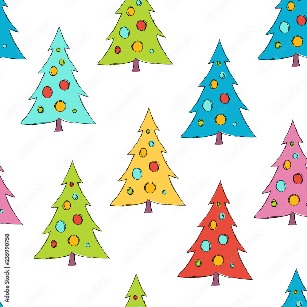 Obraz premium Christmas seamless pattern with stylized cartoon Christmas trees. Winter. For packaging, wrappers, holidays, fabrics and light industry. Vector image.