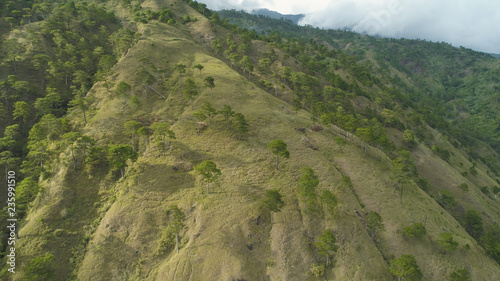 Aerial view of mountains covered forest, trees against the sky and clouds. Cordillera region. Luzon, Philippines. Mountainous tropical landscape.