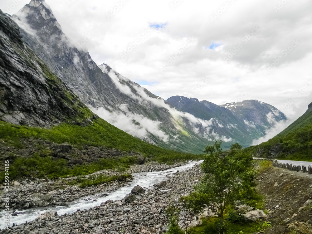 River through the mountainous valley of Fjaerland, Norway