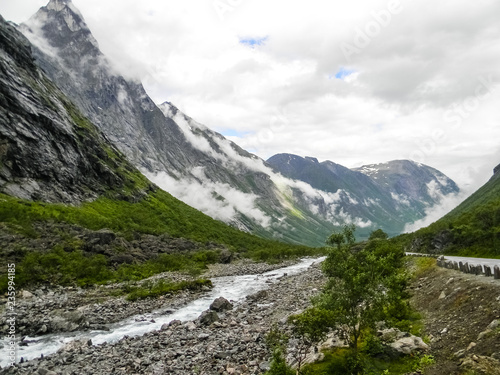 River through the mountainous valley of Fjaerland, Norway