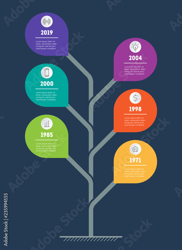Business presentation concept with 6 points. Web Template of tree with leafs, info chart or diagram. Vector. Infographic of technology or education process with 6 steps.