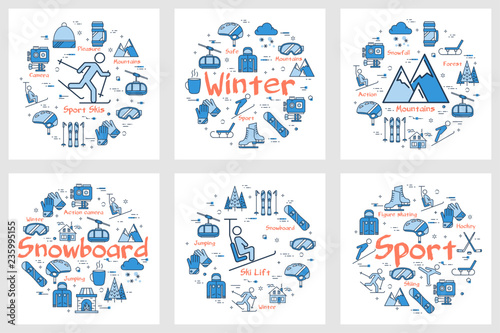 Six blue winter sport or enteirtaiment concepts