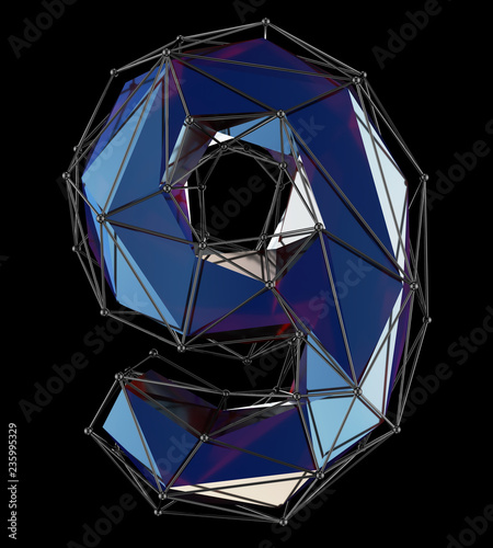 Number 9 nine in low poly style blue color isolated on black background. 3d