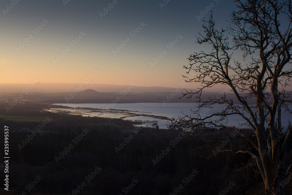 Fototapeta premium A silhouetted tree against a beautiful sunrise in the Scottish highlands on a winters day