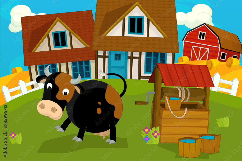 cartoon rural scene with farm animal - illustration for children cartoon rural scene with farm animal - illustration for children