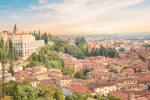 Beautiful view of the hill of San Pietro and the panorama of the city of Verona, Italy © marinadatsenko