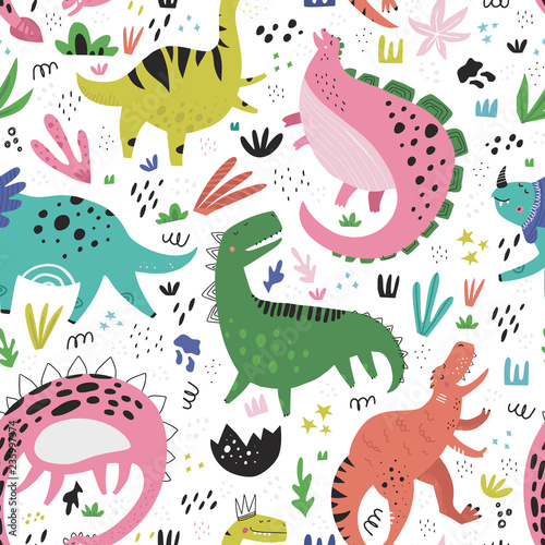 Cute dinosaurs hand drawn color vector seamless pattern