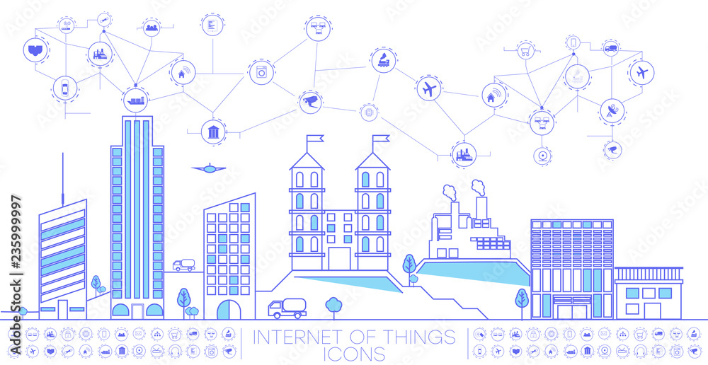 	 Smart city concept with different icon and elements.  city design technology for living. Illustration of innovations and Internet of things.Internet of things/Smart city