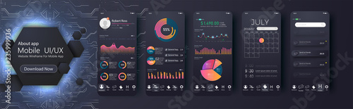 Mobile app infographic template with modern design weekly and annual statistics graphs. Pie charts, workflow, web design, UI elements. Easy to edit. Vector illustration EPS 10