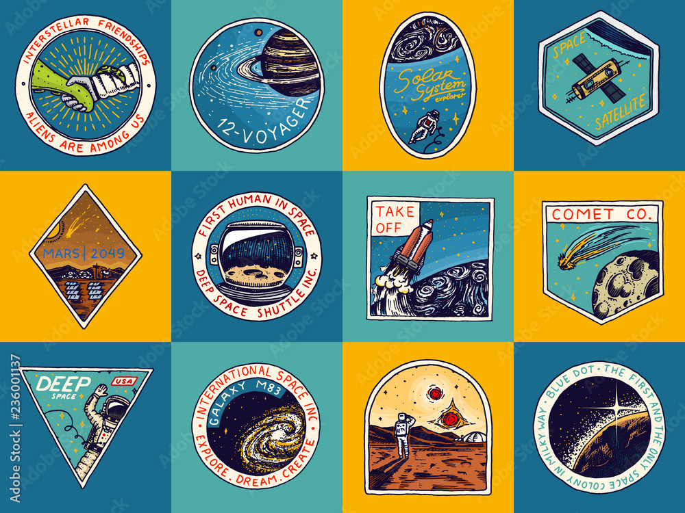 Naklejka premium Set of Space logo. Human mission to Mars. Exploration of the astronomical galaxy. Astronaut or spaceman adventure. Planets and satellites badge emblem patch sticker. engraved hand drawn Vintage sketch