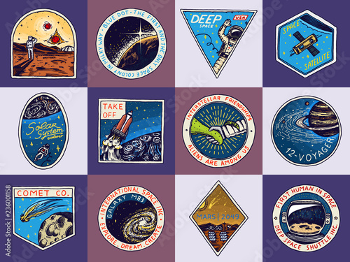 Set of Space logo. Human mission to Mars. Exploration of the astronomical galaxy. Astronaut or spaceman adventure. Planets and satellites badge emblem patch sticker. engraved hand drawn Vintage sketch