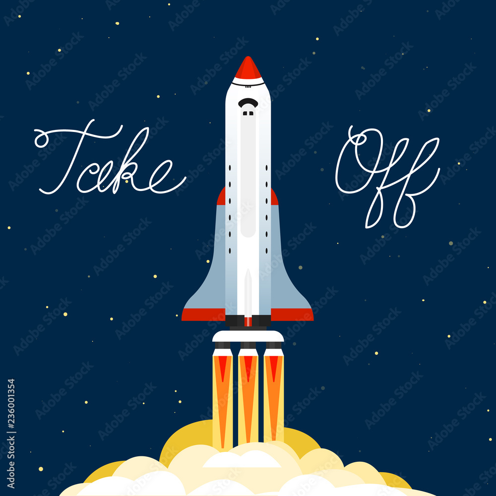 The rocket launched into the sky. Space flight on a missile. Spaceship in  the galaxy on a dark background. A flash of light at startup. Template for  banners. Stock Vector | Adobe