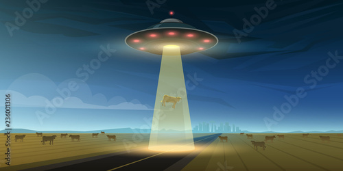 UFO or Flying saucer in space. Aliens launched a spacecraft. A flash of light shines on Earth. Little Green Men. extraterrestrial flew to our planet. Cosmic Template for banners, cards or posters.