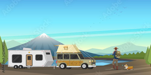 Camping holidays. travel with the family in the trailer. Template for poster banner. Mobile homes on the background of mountains. Outdoor picnic concept.