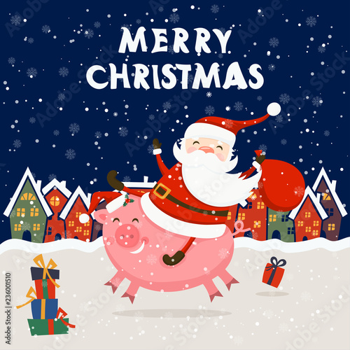 Merry Christmas and Happy New Year winter holidays greeting card with pig how symbol of year and Santa Claus. Vector illustration