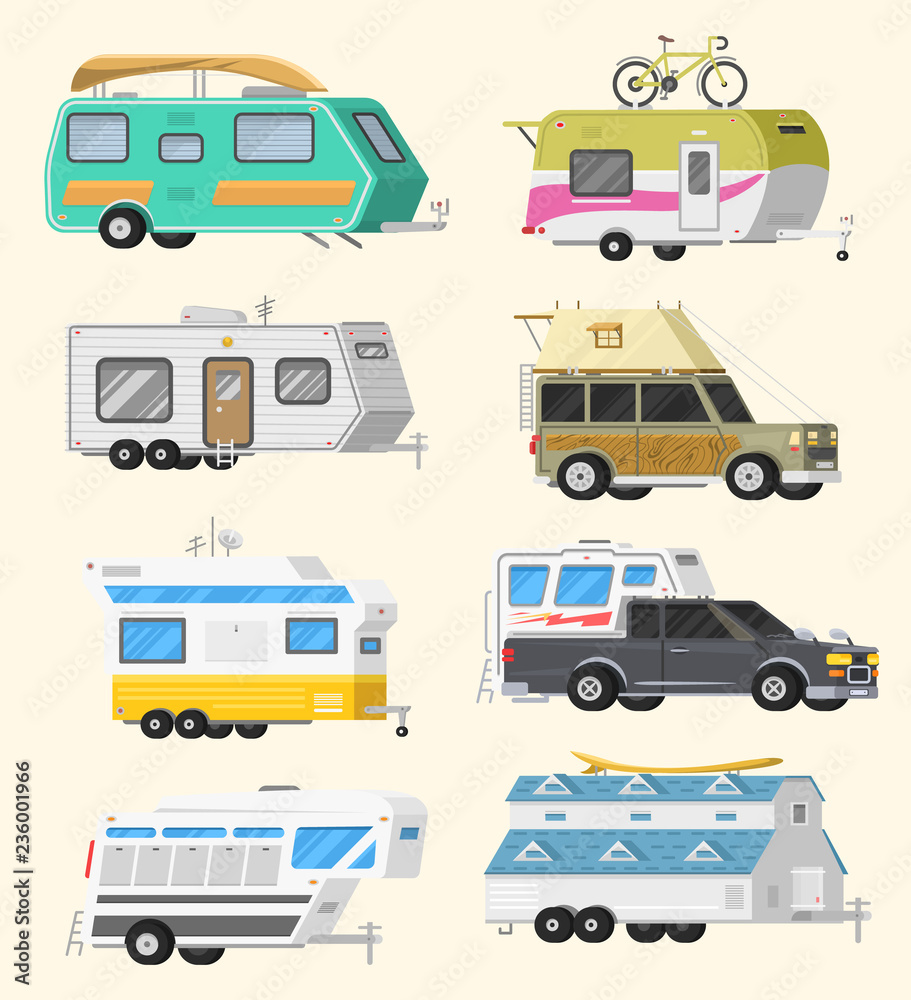 A set of trailers or family RV camping caravan. Tourist bus and tent for outdoor recreation and travel. Mobile home truck. Suv Car Crossover. Tourist transport, road trip, recreational vehicles. A set of trailers or family RV camping caravan. Tourist bus and tent for outdoor recreation and travel. Mobile home truck. Suv Car Crossover. Tourist transport, road trip, recreational vehicles.