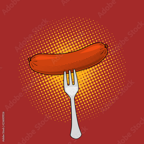 Grilled sausage on a fork, pop art retro comic style. Vector illustration on red background