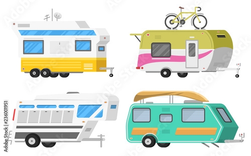 Trailers or family RV camping caravan. Tourist bus and tent for outdoor recreation and travel. Mobile home truck. Suv Car Crossover. Tourist transport, road trip, recreational vehicles.