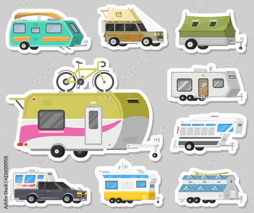 A set of trailers or family RV camping caravan. Tourist bus and tent for outdoor recreation and travel. Mobile home truck. Suv Car Crossover. Tourist transport, road trip, recreational vehicles.