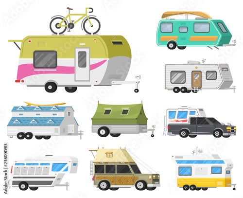 A set of trailers or family RV camping caravan. Tourist bus and tent for outdoor recreation and travel. Mobile home truck. Suv Car Crossover. Tourist transport, road trip, recreational vehicles.