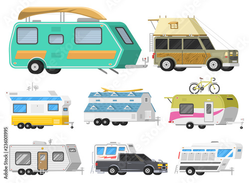 A set of trailers or family RV camping caravan. Tourist bus and tent for outdoor recreation and travel. Mobile home truck. Suv Car Crossover. Tourist transport, road trip, recreational vehicles.