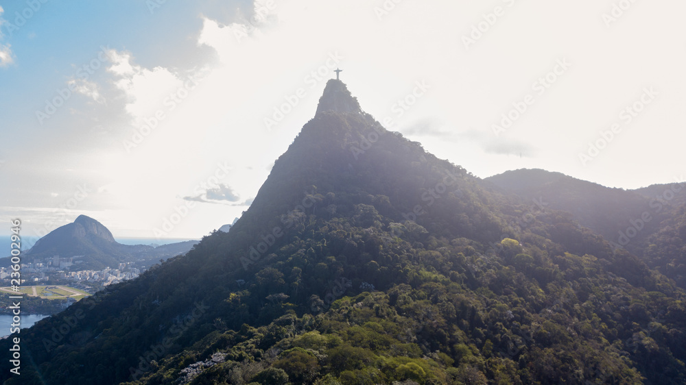 Aerial view of the drone of Rio de Janeiro, with Christ the Redeemer in the background