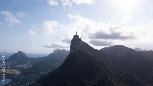 Aerial view of the drone of Rio de Janeiro, with Christ the Redeemer in the background
