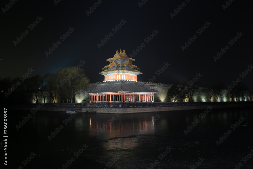 night view of northeast turrets of the Forbidden City on december 22, 2013, beijing, china.