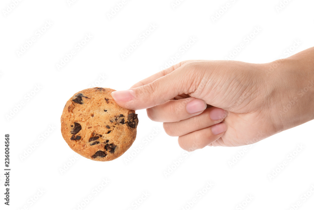 Woman holding tasty chocolate chip cookie on white background, closeup Woman holding tasty chocolate chip cookie on white background, closeup