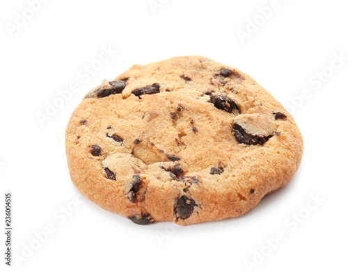 Tasty chocolate chip cookie on white background